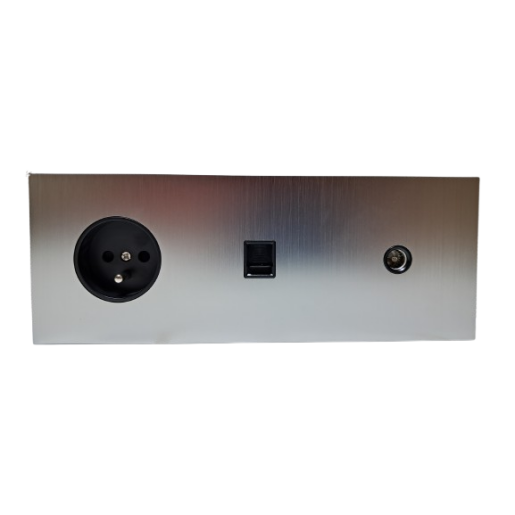 Panel potrójny poziomy WAVE - gniazdo RJ45 / gniazdo TV / gniazdo french z bolcem nikiel szczotkowany