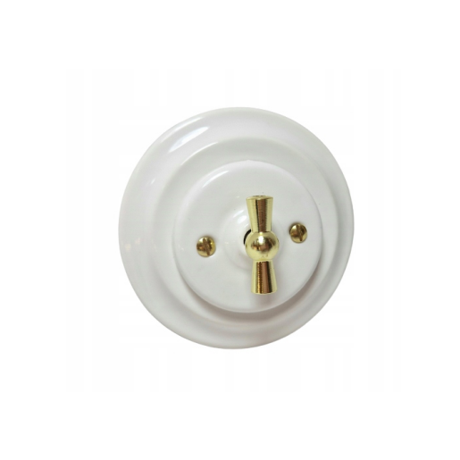 Ceramiczny podtynkowy włącznik podw&oacute;jny/świecznikowy biały ze złotym pokrętłem