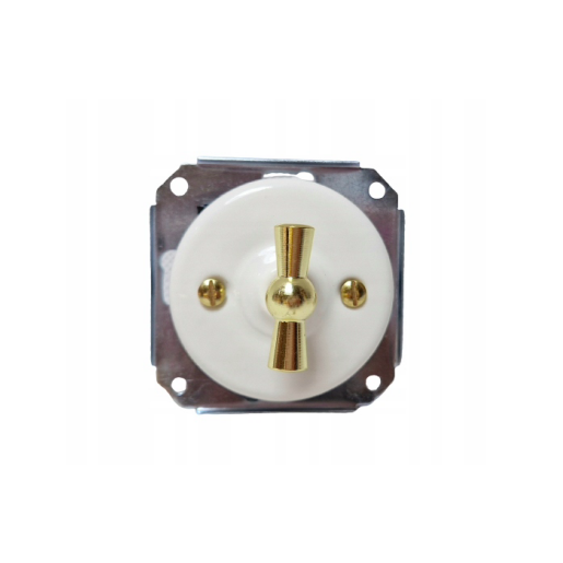 Ceramiczny podtynkowy włącznik podw&oacute;jny/świecznikowy biały ze złotym pokrętłem