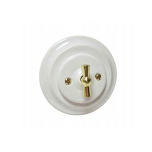 Ceramiczny podtynkowy włącznik podw&oacute;jny/świecznikowy biały ze złotym pokrętłem